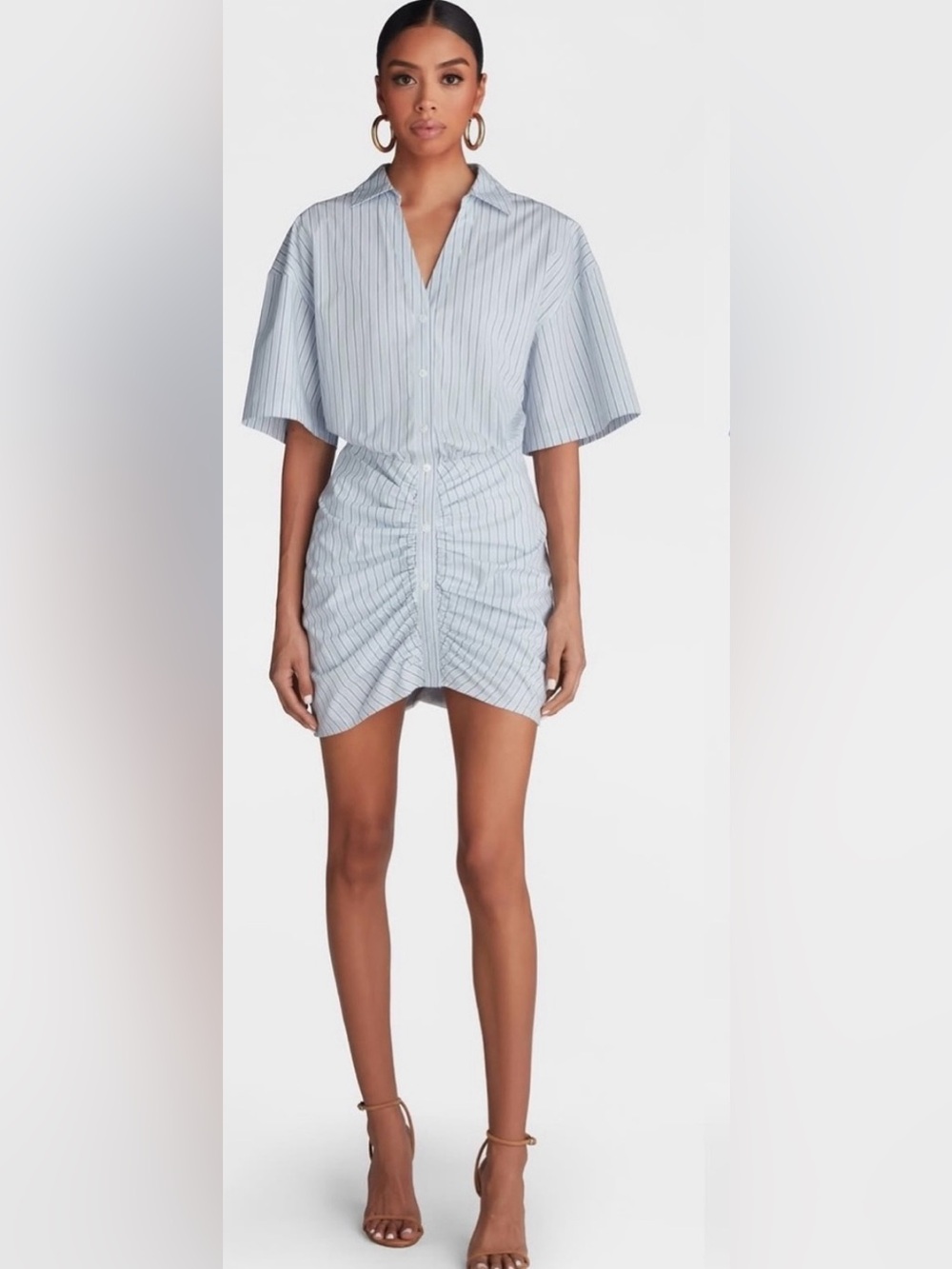 NWT KBB by Kahlana Striped Ruched Zip-Front Mini Shirt Skirt in Light Blue